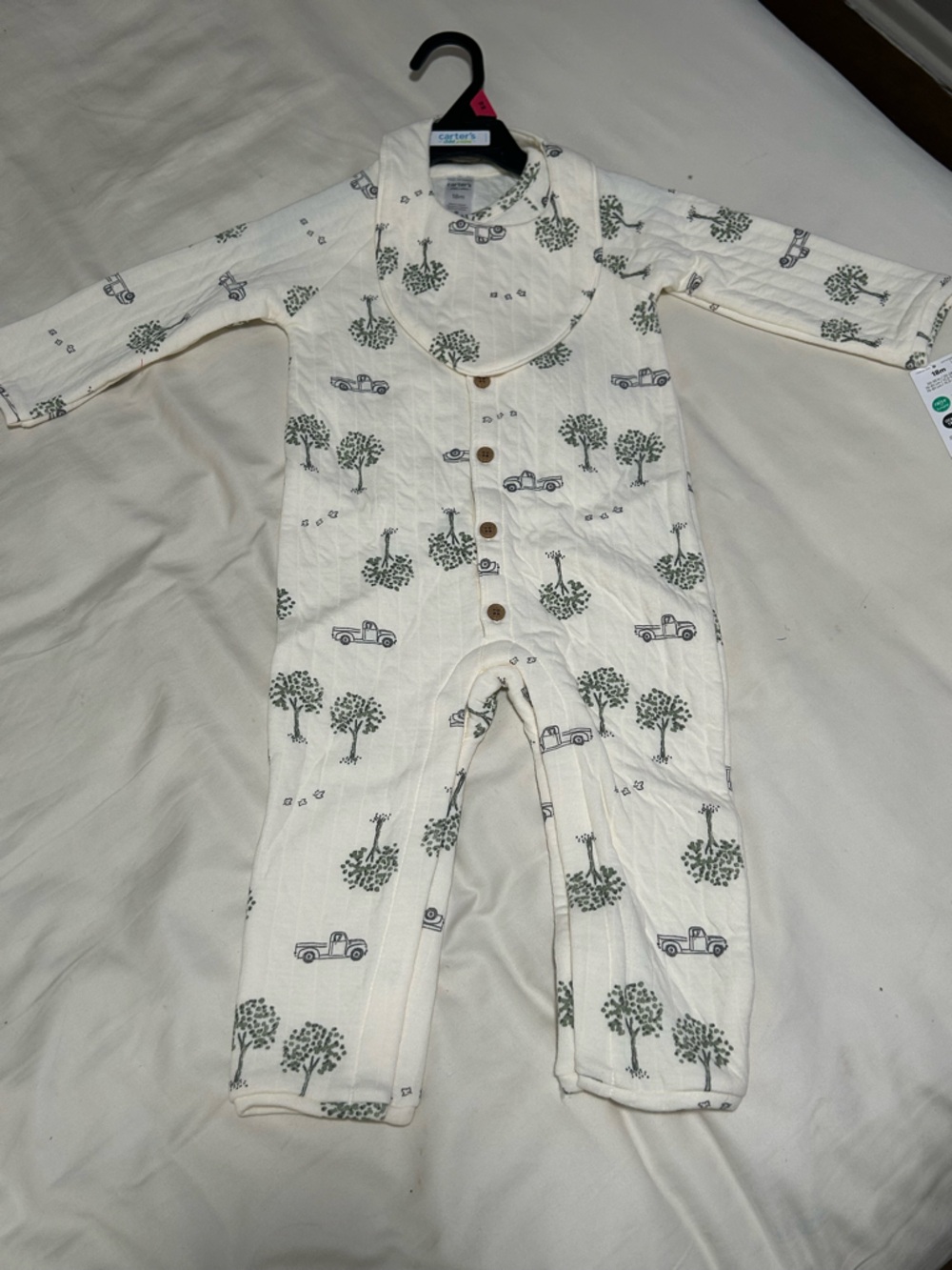 Carters Cream Baby One-Piece jumpsuit size 18m with Green Tree & Truck Print